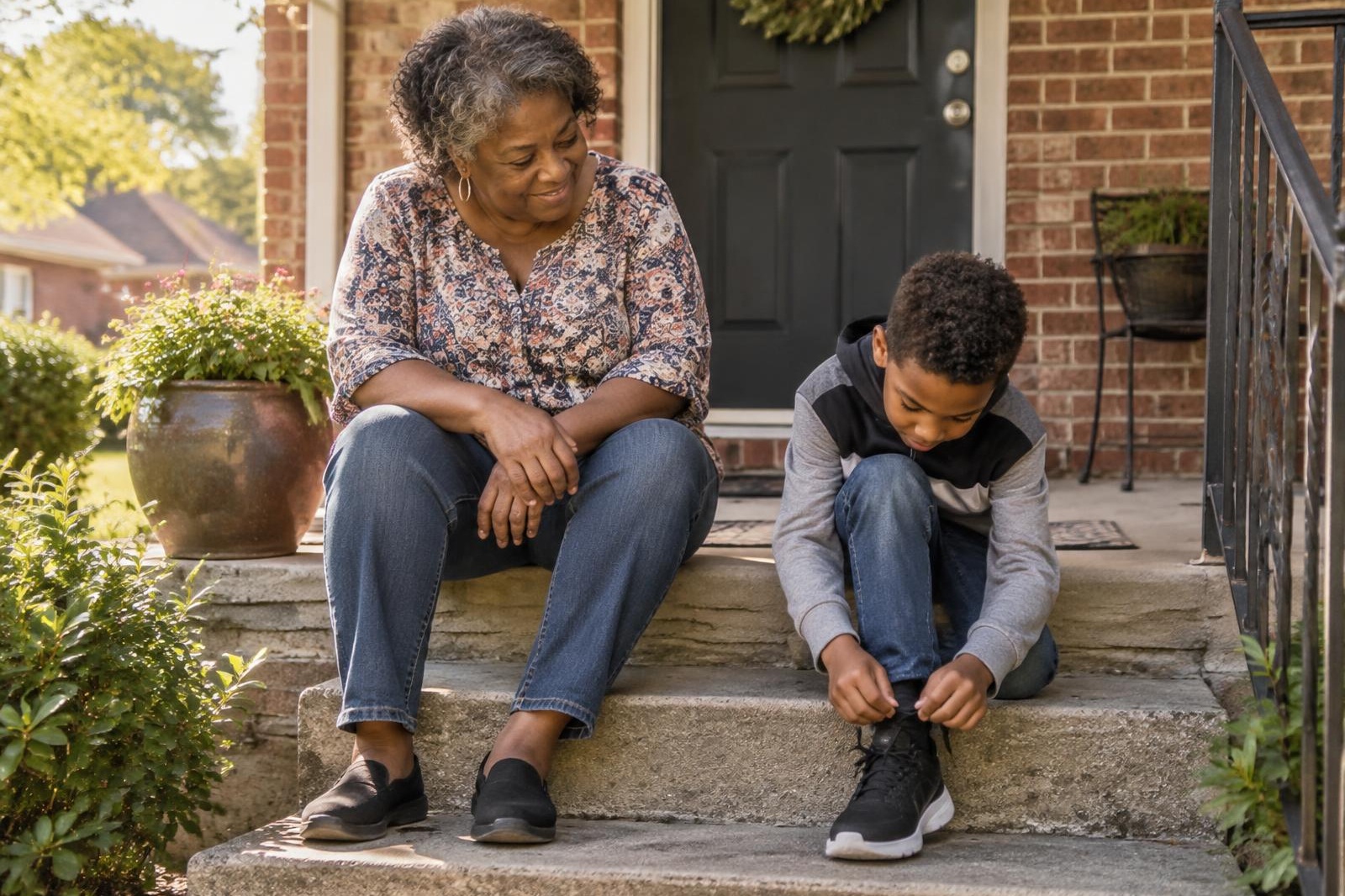 A grandmother and her grandson sitting on the front steps of a brick home as he ties his shoe