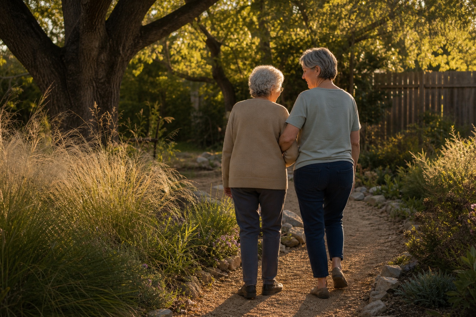 Two older women walking arm in arm down a garden path in warm evening light