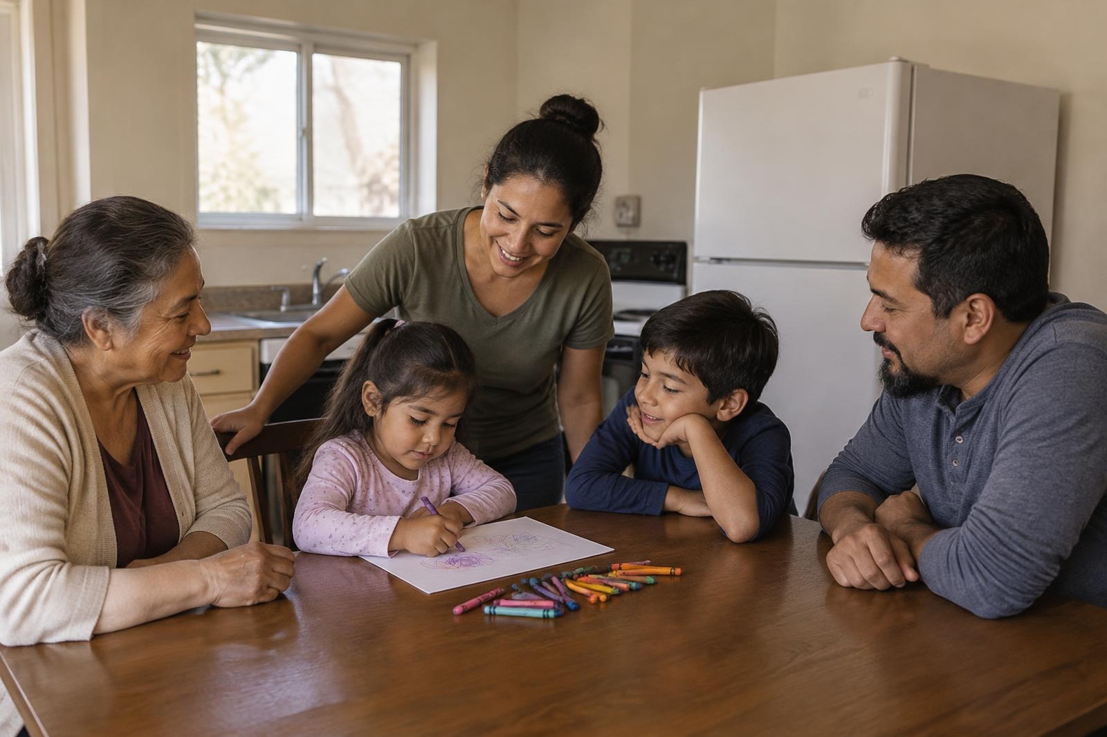 Three generations of a family talking around a kitchen table while the youngest child draws