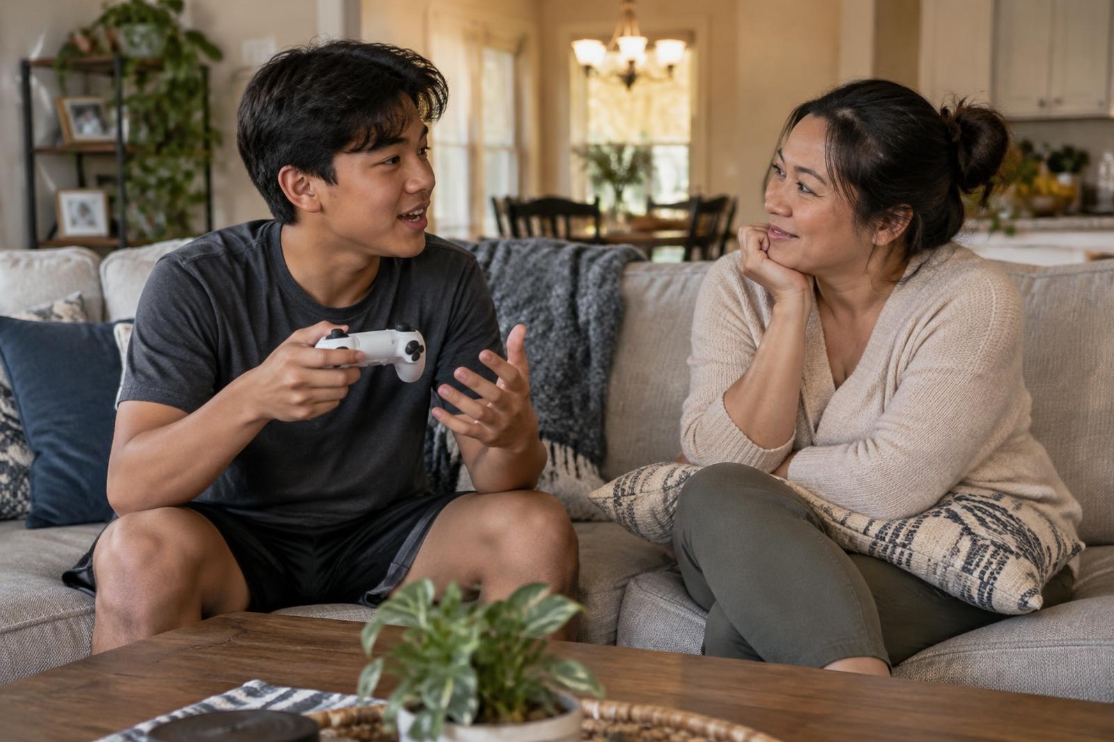 A teen holding a game controller explains something while his mom listens from the couch