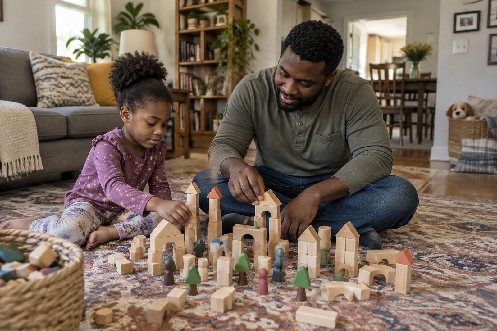 A young girl and her dad building a village of wooden blocks together on a living room rug