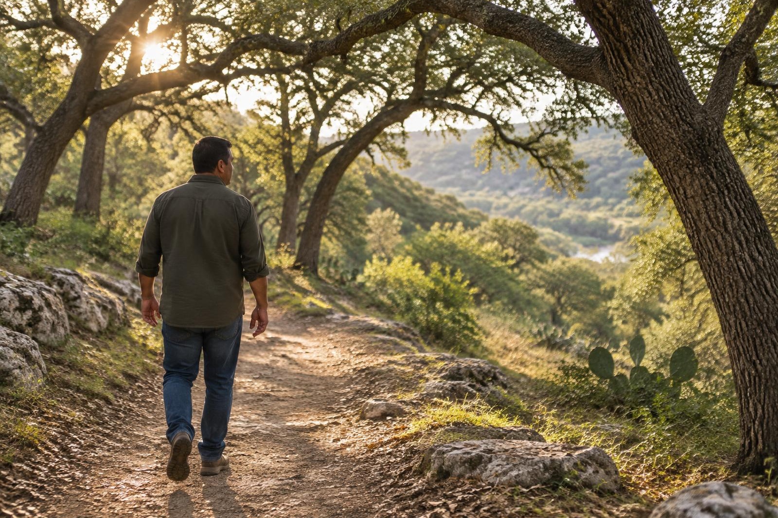 A man walking alone down a dirt trail under Texas live oaks as morning light filters through